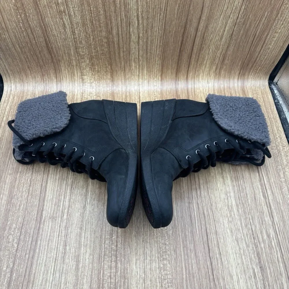 UGG Zea Waterproof Black Leather Gray Shearling Wedge‎ Heel Lace-Up Boots SIZE 8
